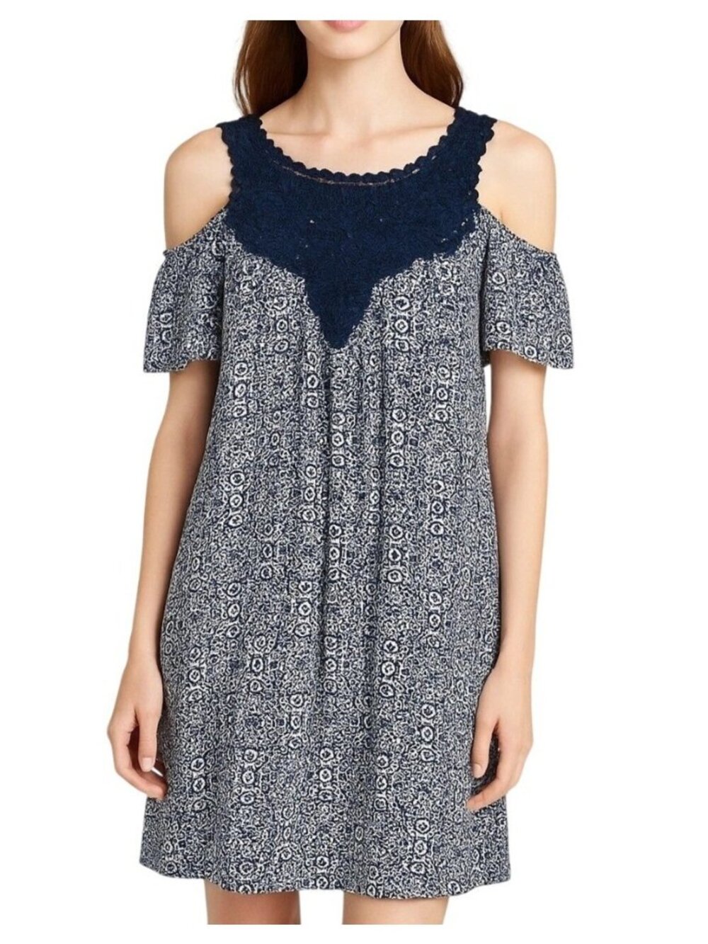 Knox Rose Women's M Blue Cold Shoulder Tunic Mini Dress Boho Lace